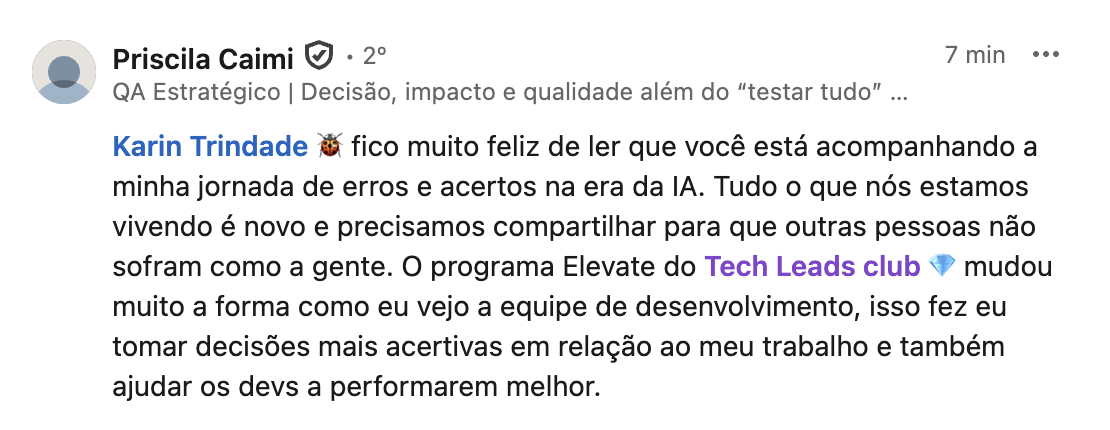 Post de Priscila Caimi sobre a TLC